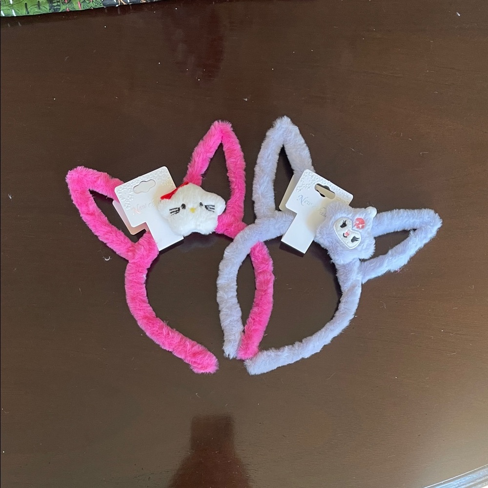 Cute Pink and Gray Fuzzy bunny Ear Headbands hello kitty nwt